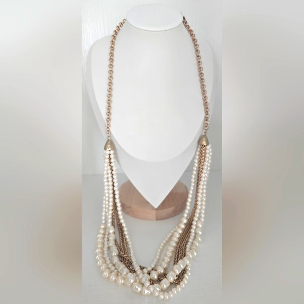 Chicos Long Pearl and Gold Chain Necklace